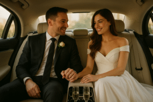 A newlywed couple sits inside a luxury chauffeur-driven Mercedes, smiling and holding hands, with the bride’s dress elegantly draped and two champagne flutes in the holder, creating a romantic and calm atmosphere.