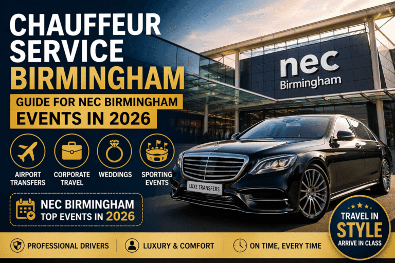 Luxury chauffeur service Birmingham car outside NEC Birmingham showcasing airport transfers, corporate travel, weddings, and sporting event transport for 2026 events.
