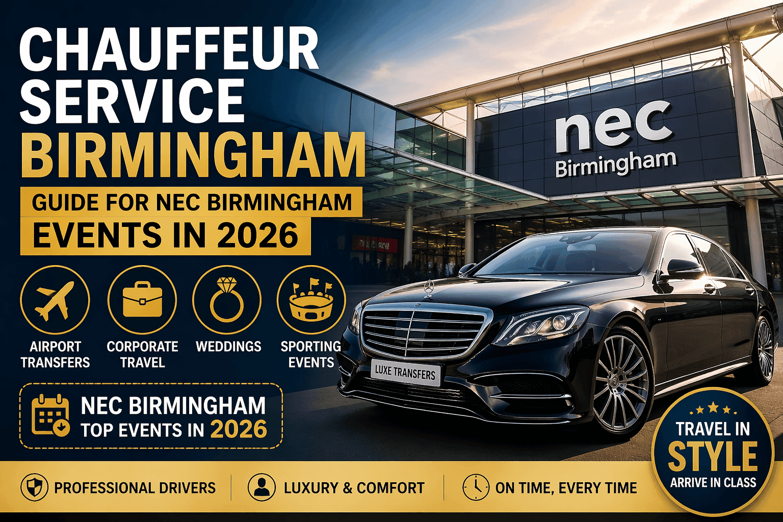 Luxury chauffeur service Birmingham car outside NEC Birmingham showcasing airport transfers, corporate travel, weddings, and sporting event transport for 2026 events.