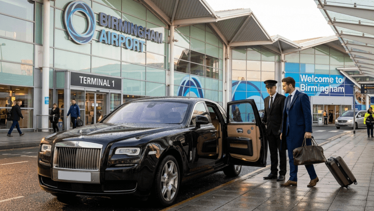 Private airport transportation with luxury chauffeur car at Birmingham Airport