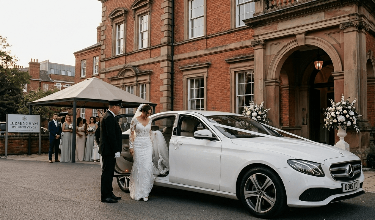 Wedding car hire Birmingham UK luxury chauffeur arrival