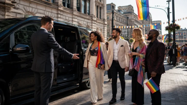 VIP chauffeur Birmingham welcoming guests into a luxury black vehicle during Birmingham Pride with rainbow flags in the city background.