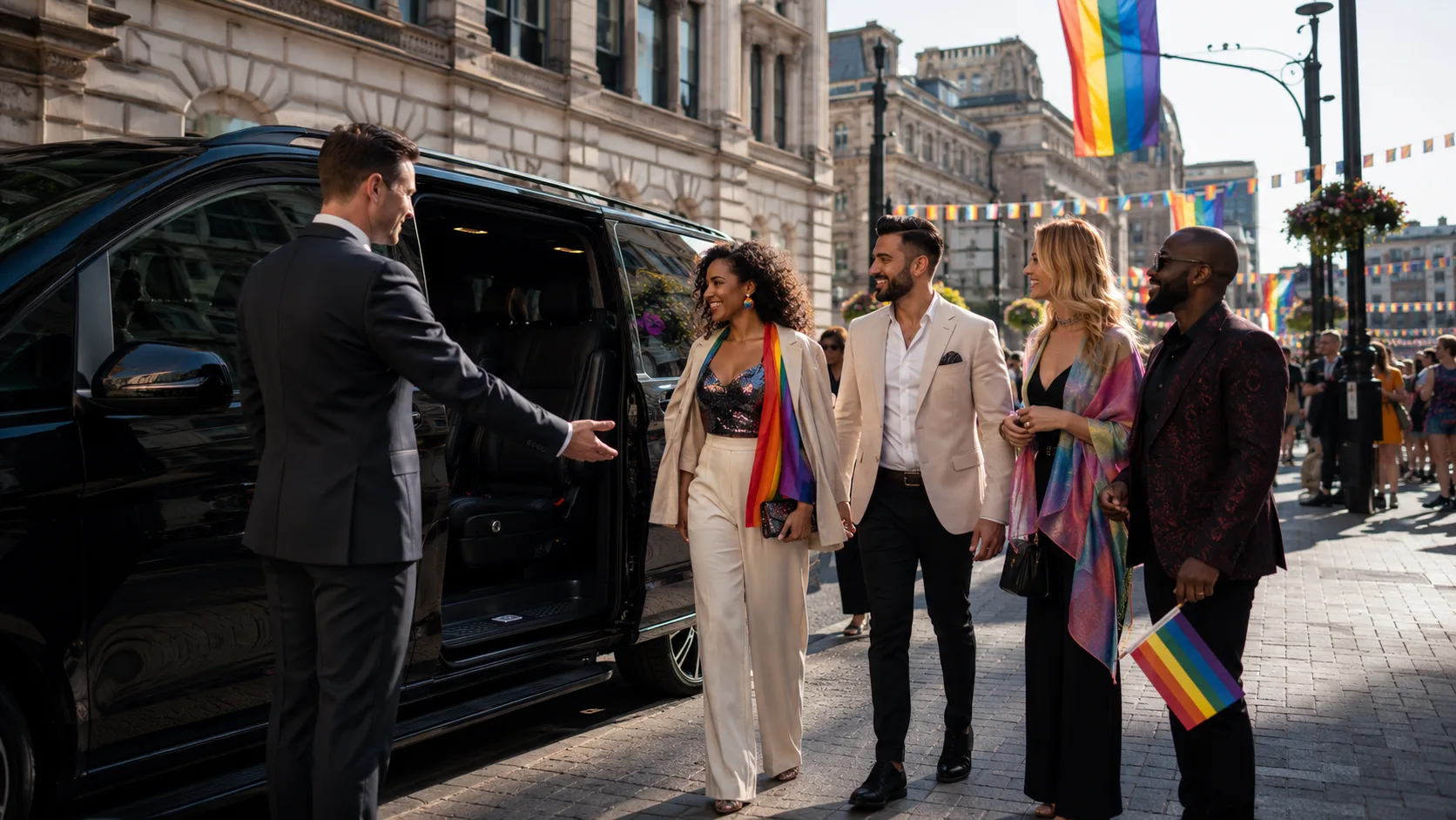 VIP chauffeur Birmingham welcoming guests into a luxury black vehicle during Birmingham Pride with rainbow flags in the city background.