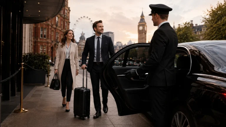 Professional chauffeur opening a black luxury car for business travelers with luggage arriving in birmingham to London Chauffeur Service.