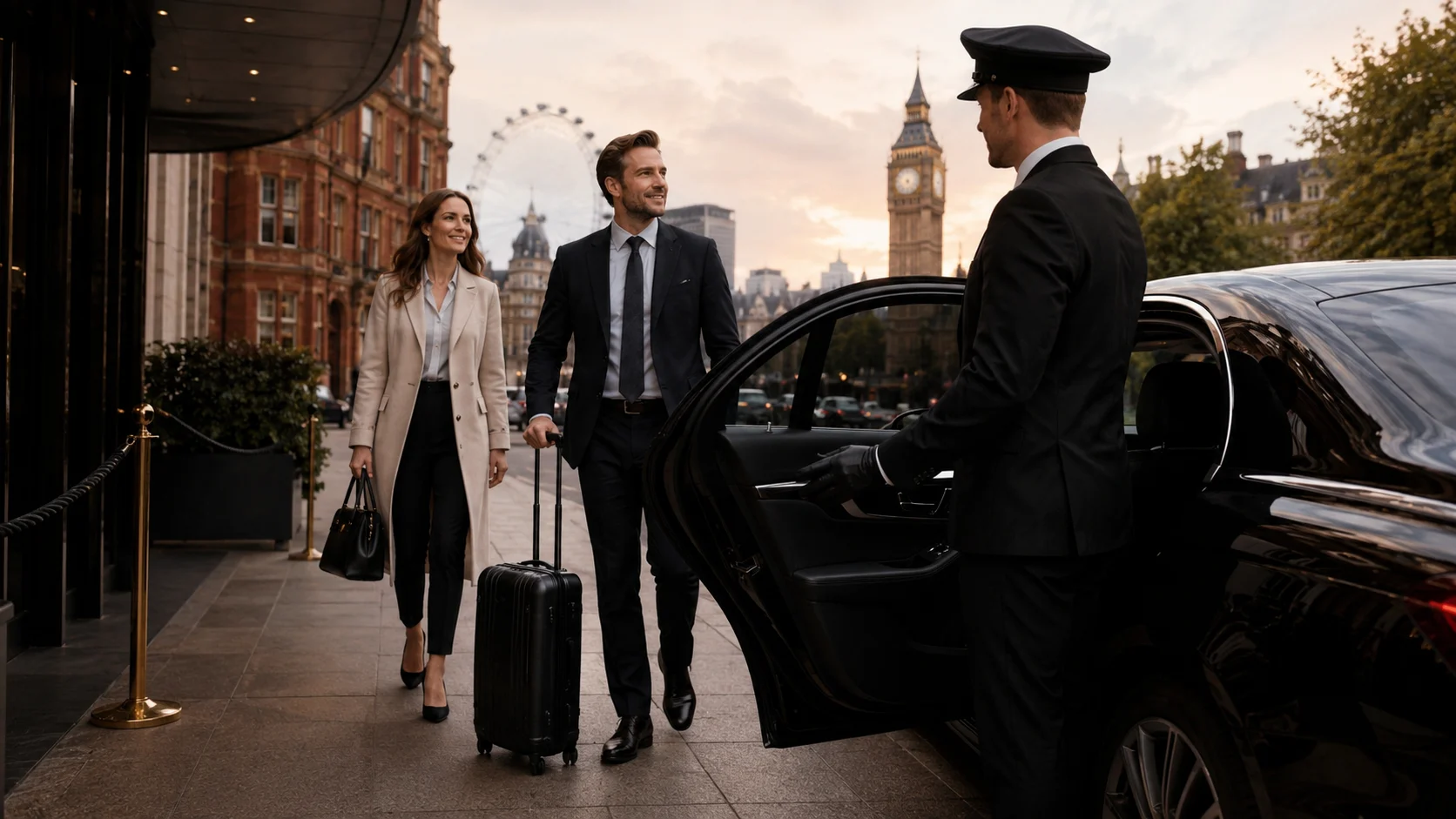 Professional chauffeur opening a black luxury car for business travelers with luggage arriving in birmingham to London Chauffeur Service.