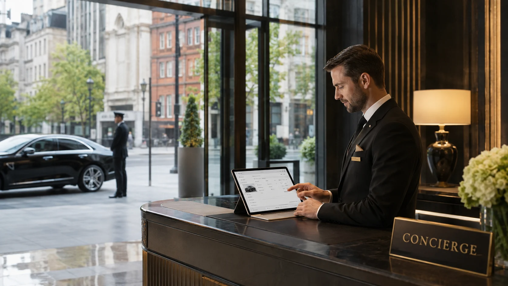 Hotel concierge using a tablet to book a VIP chauffeur in Birmingham while a luxury car waits outside the hotel.