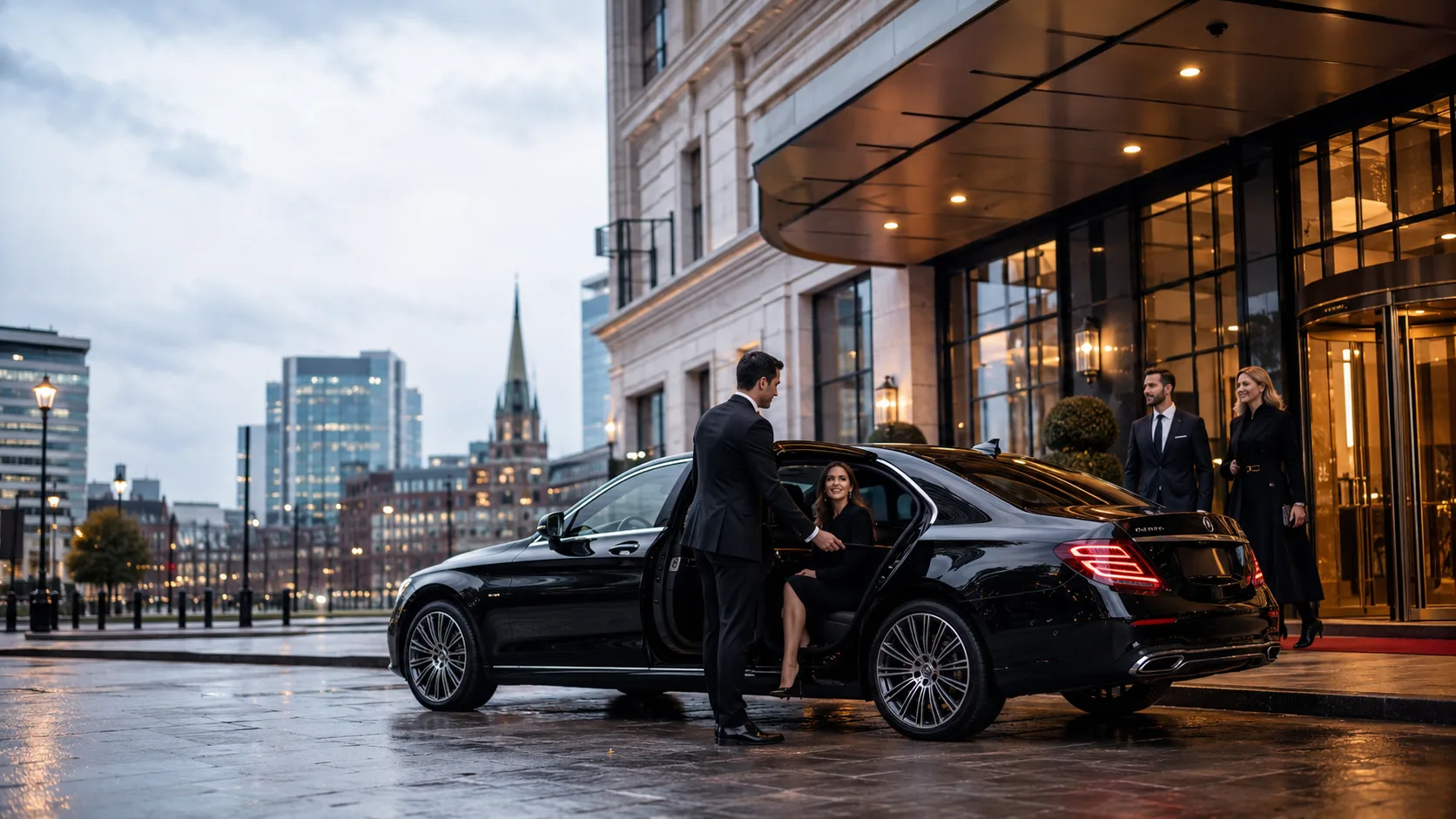 VIP chauffeur Birmingham professional opening the door of a black luxury car for VIP guests outside a premium Birmingham hotel.