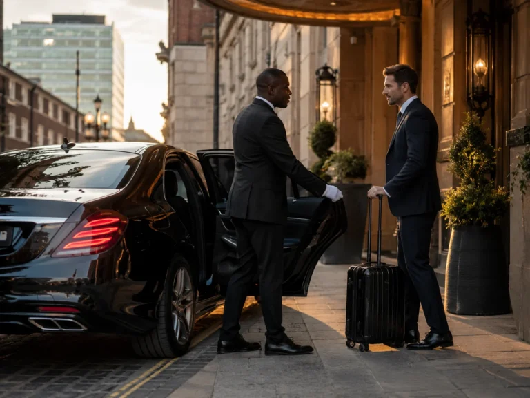 Chauffeur service Birmingham with luxury Mercedes vehicle outside city centre hotel