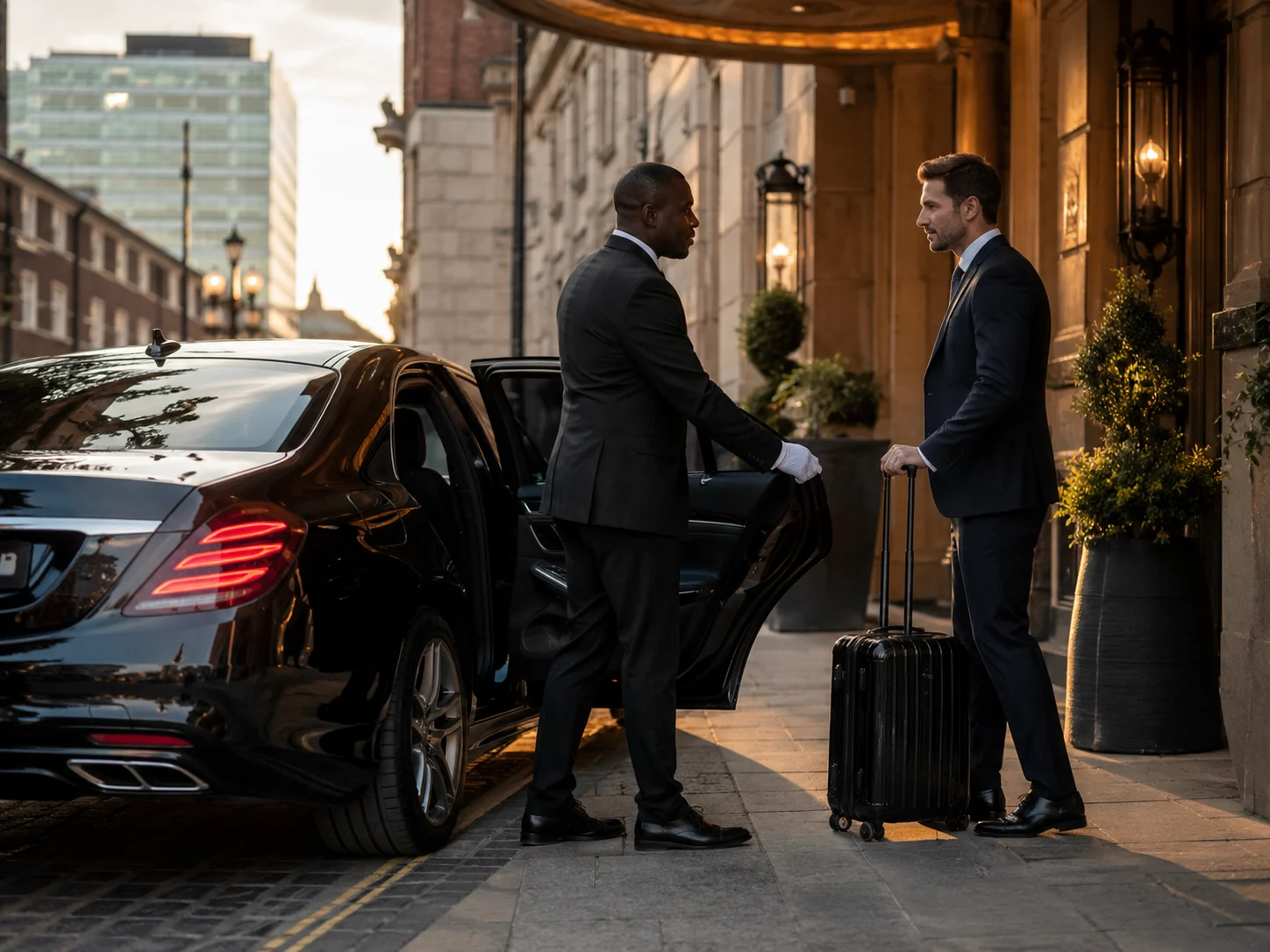 Chauffeur service Birmingham with luxury Mercedes vehicle outside city centre hotel