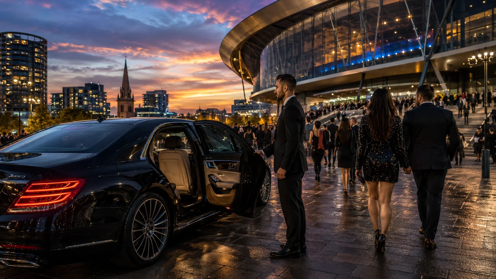 Luxury black chauffeur car outside a modern Birmingham arena at dusk with a professional driver opening the door for event guests.