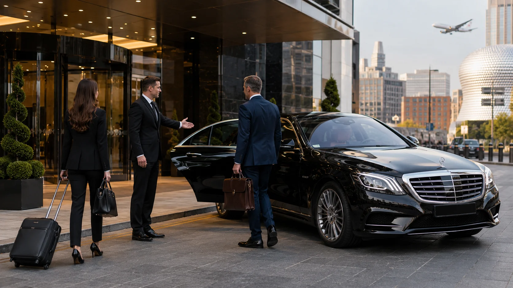 Professional chauffeur welcoming business travellers into a black Mercedes S-Class outside a premium Birmingham hotel with airport and city views.