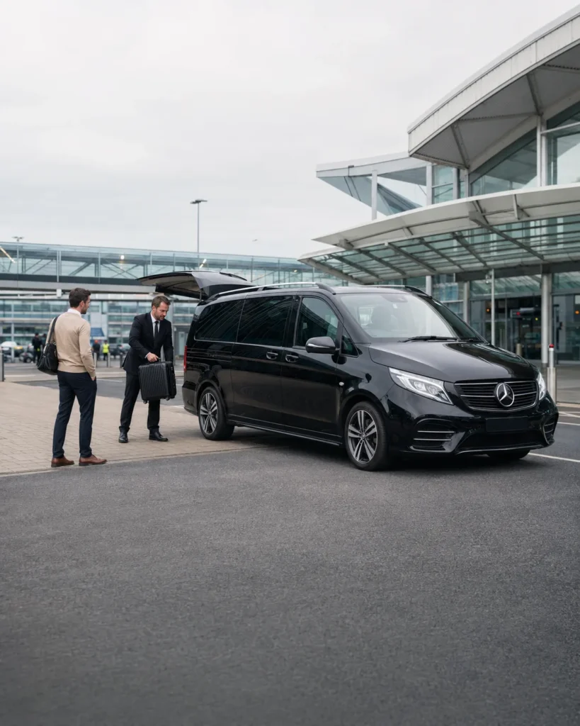 Luxe Transfers chauffeur assisting a passenger with luggage beside a Mercedes V-Class at Birmingham Airport