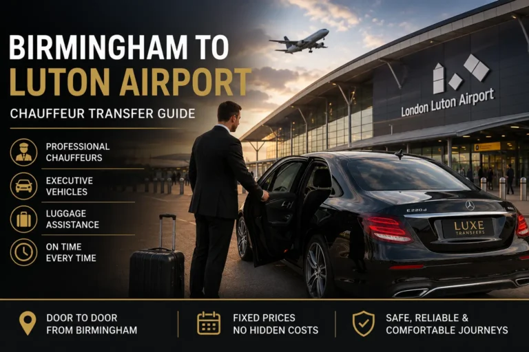 Birmingham to Luton Airport chauffeur transfer with luxury Mercedes vehicle and professional driver outside London Luton Airport