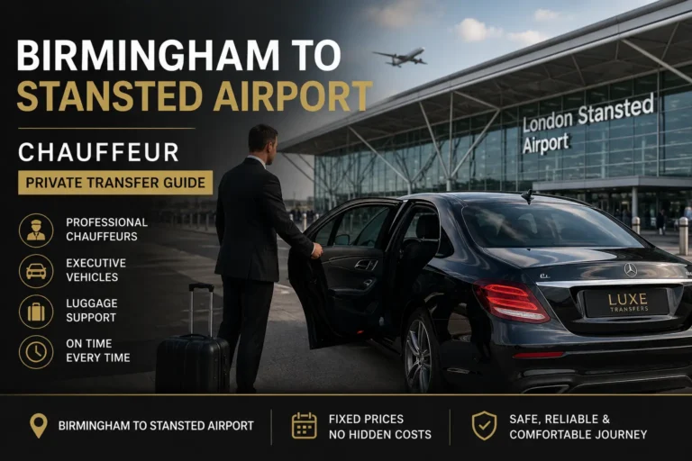 Birmingham to Stansted Airport chauffeur transfer with luxury Mercedes car and professional driver outside London Stansted Airport