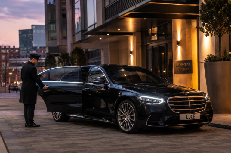Luxury chauffeur service Birmingham — Mercedes S-Class with uniformed chauffeur