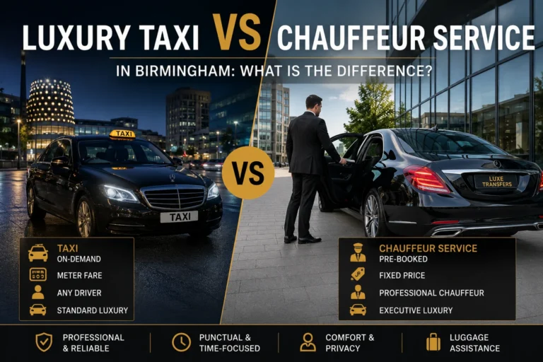 Luxury taxi vs chauffeur service in Birmingham comparison with executive Mercedes car and professional chauffeur